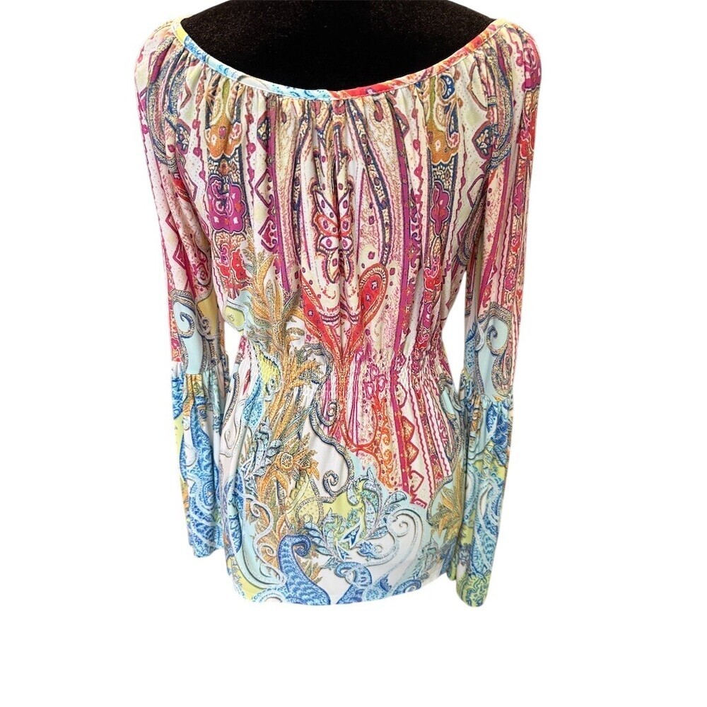 Boston Proper Blouse Womens XS Multicolor Paisley Boho Tunic Bell Sleeve - Picture 3 of 8